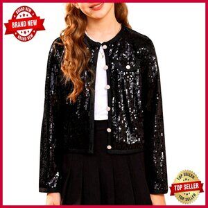 Girls Sequin Cropped Jacket Sparkle Cardigan Kids Size 5-14 Party Wear